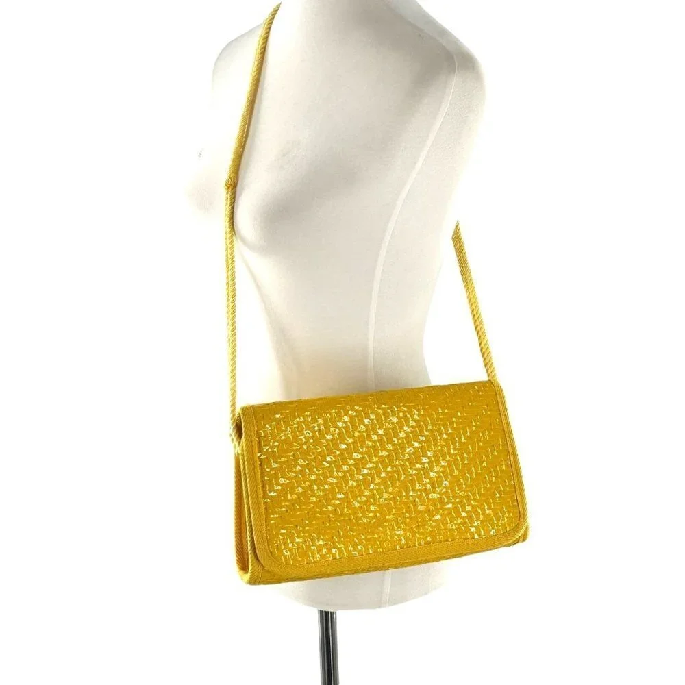 Vintage 90's Lord & Taylor Bright Yellow Woven Wicker Shoulder Bag Crossbody Y2K